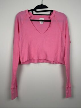 BDG Urban Outfitters Pink Waffle Knit Notched V-Neck Cropped Thermal Top XS